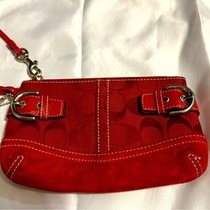 Coach Red Signature Canvas, Leather and Suede Buckle Wristlet